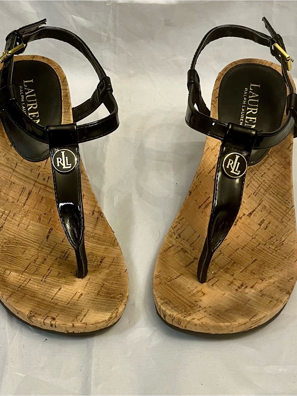 Lauren Ralph Lauren Black Patent Cork Wedge Thong Sandals with RLL Medallion 6